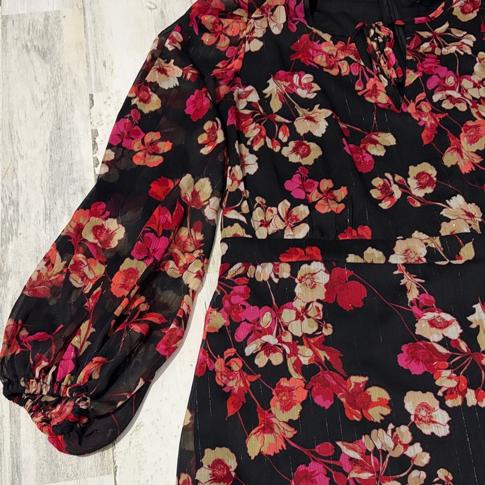 Tommy Hilfiger Black and Reddish Pink Floral Long Sleeve Dress metallic NWT - Picture 3 of 11